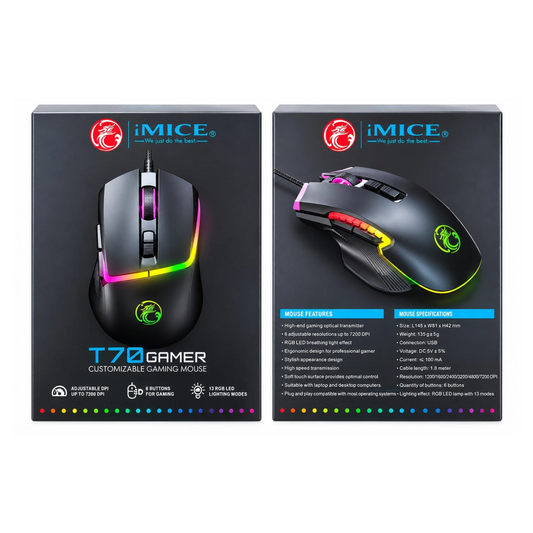 iMICE T70 Wired Gaming Mouse 7200 DPI RGB LED 6 Button USB Optical Mouse