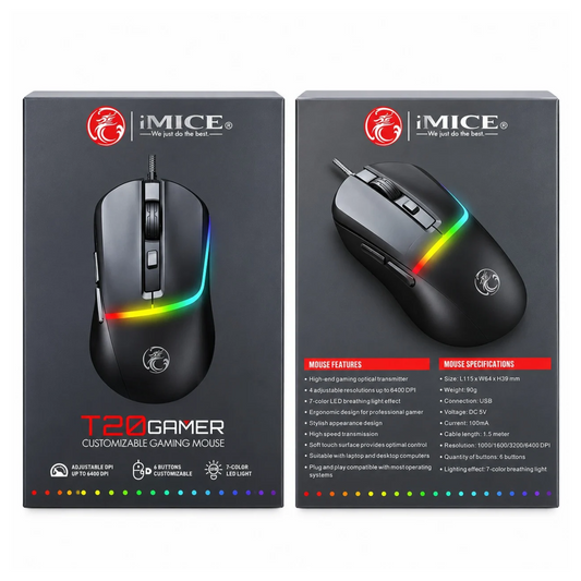 iMICE T20 Wired Gaming Mouse 6400 DPI, 6 Buttons, 7-Color LED