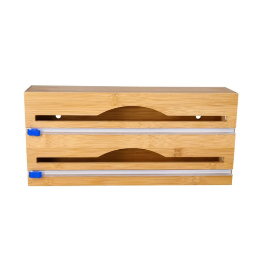 SamMag Biz 2-in-1 Bamboo Food Wrap Dispenser with Built-in Cutters | Plastic Wrap & Aluminum Foil Organizer
