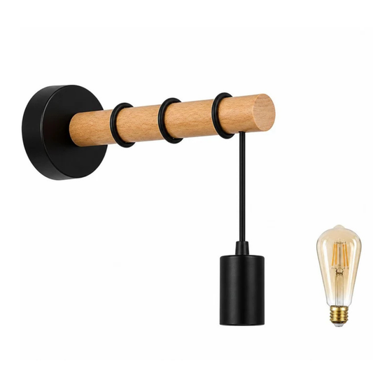 Modern Wooden Wall Light with E27 Lamp Holder | Nordic Black Metal Wall Sconce for Bedroom, Living Room & Hallway