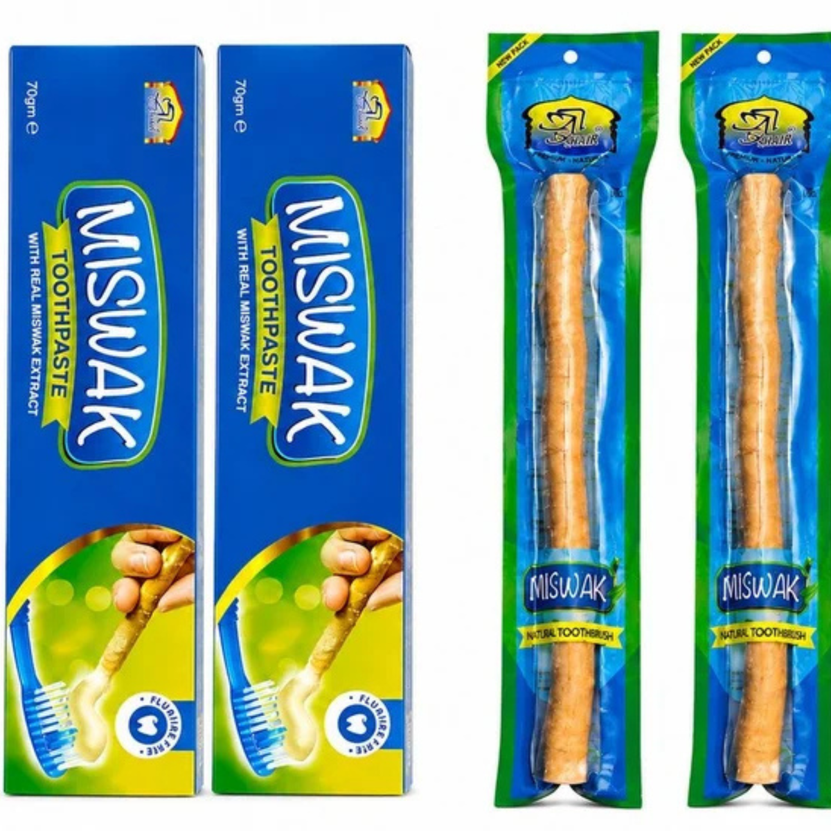 Al Khair 2 Pack Miswak Oral Care Set – 2 × 70g Fluoride-Free Toothpaste & 2 Natural Miswak Sticks