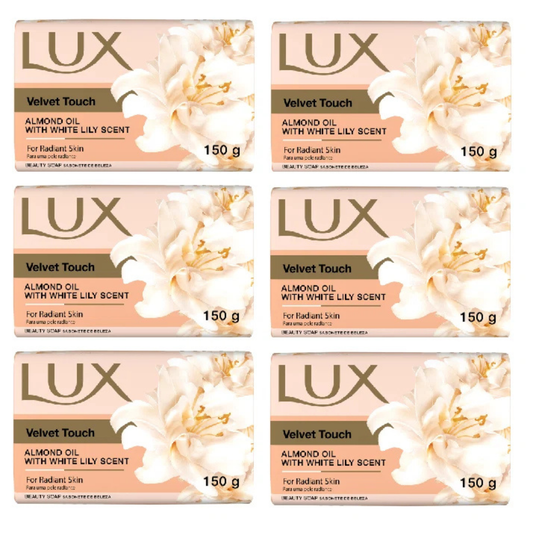 Lux Velvet Touch Beauty Soap Bar 150g x 6 Pack with Almond Oil & White Lily Scent – Moisturising Creamy Bath Soap for Soft & Radiant Skin