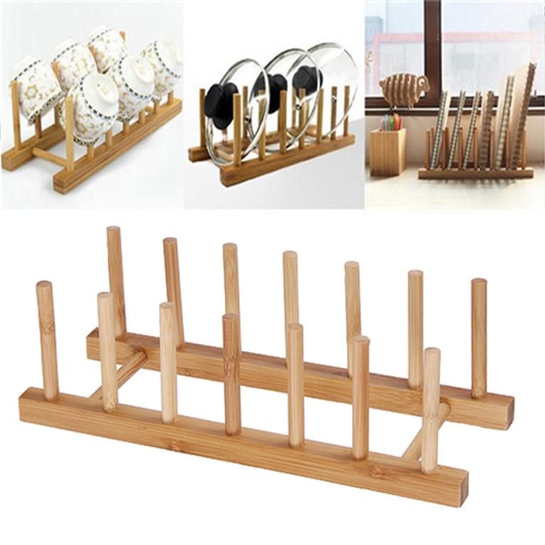 Bamboo Dish Drying Rack Folding Plate Drainer Stand for Kitchen Countertop & Cabinet Storage