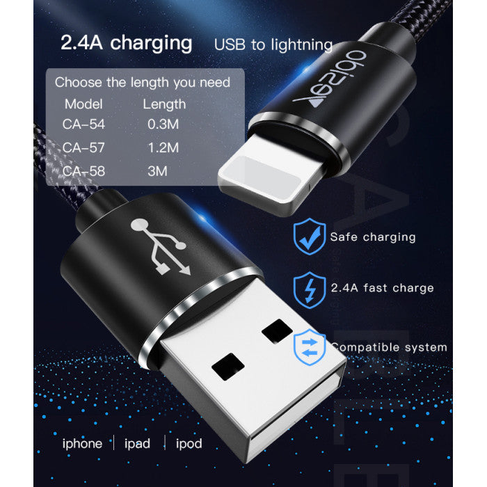 YESIDO CA58 3M 3-in-1 USB Charging Cable – 2.4A Lightning, Micro USB & Type-C