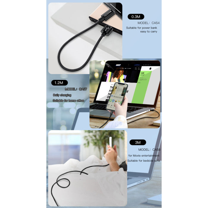 YESIDO CA58 3M 3-in-1 USB Charging Cable – 2.4A Lightning, Micro USB & Type-C