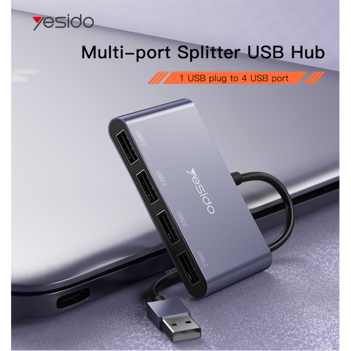 YESIDO HB12 4-Port USB 2.0 Hub Adapter – USB-A to 4 USB Ports, 15cm