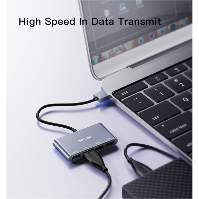 YESIDO HB12 4-Port USB 2.0 Hub Adapter – USB-A to 4 USB Ports, 15cm