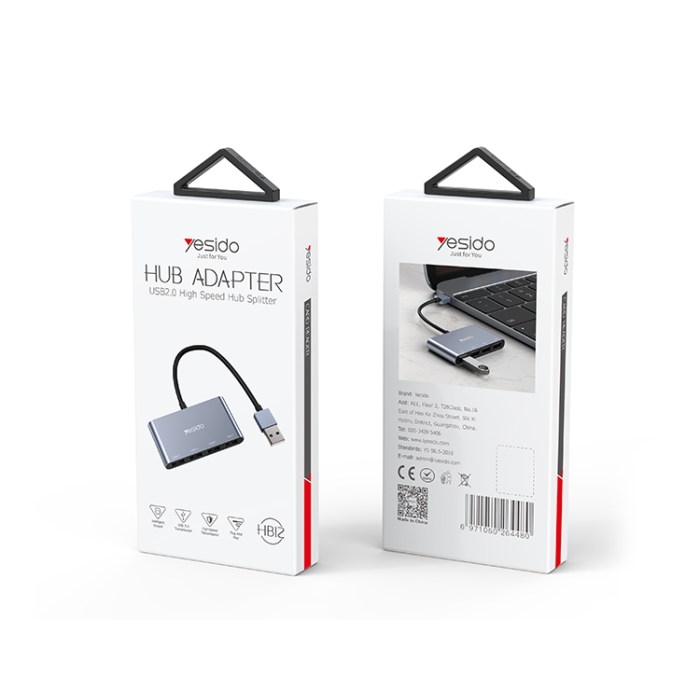 YESIDO HB12 4-Port USB 2.0 Hub Adapter – USB-A to 4 USB Ports, 15cm