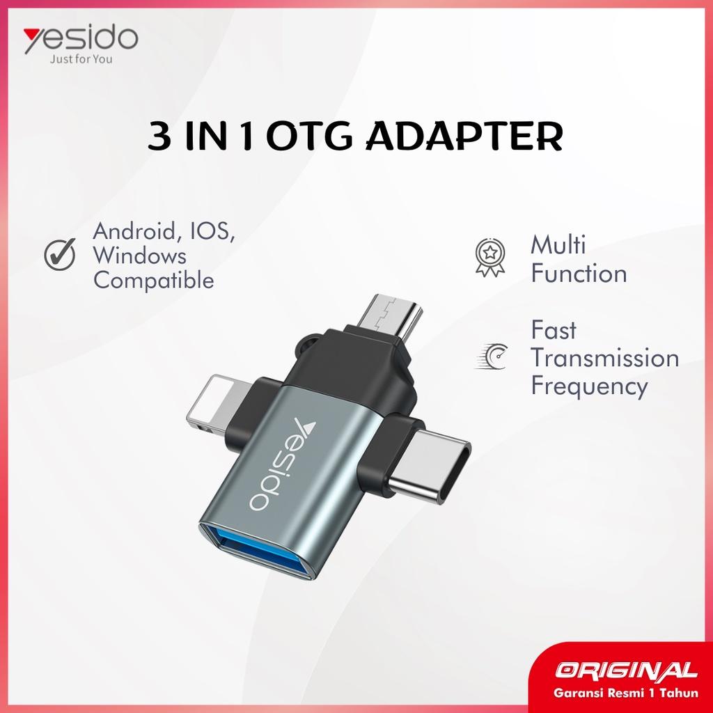 YESIDO GS15 3-in-1 OTG Adapter – USB-A to USB-C, Micro USB & Lightning Data Transfer Converter