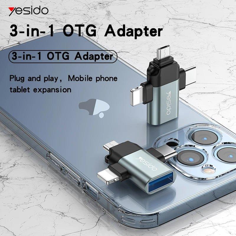 YESIDO GS15 3-in-1 OTG Adapter – USB-A to USB-C, Micro USB & Lightning Data Transfer Converter