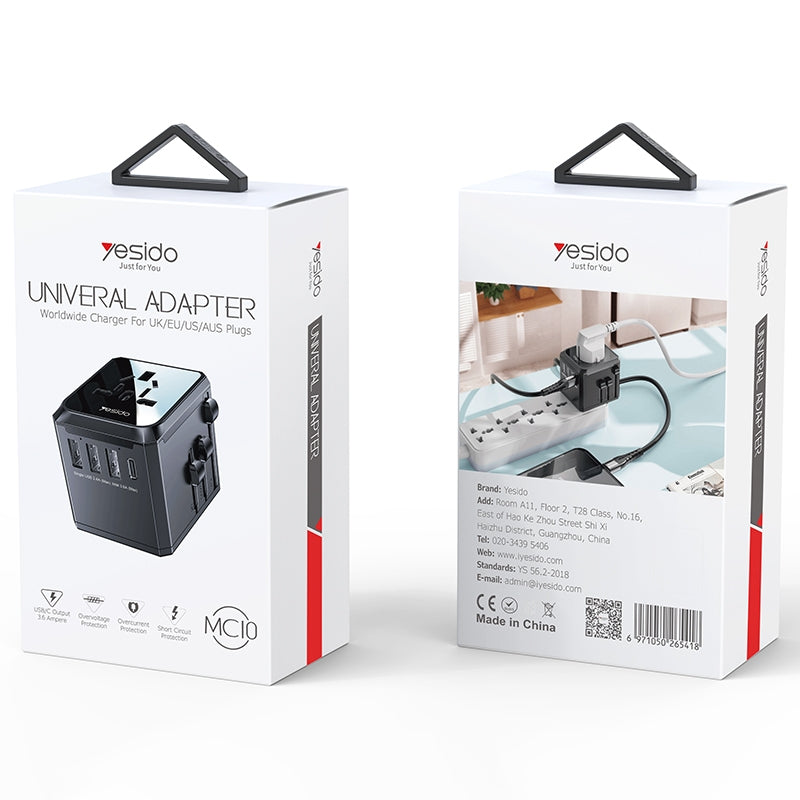 YESIDO MC10 Universal Travel Adapter 3.6A – UK EU US AU Plug with 3 USB + USB-C