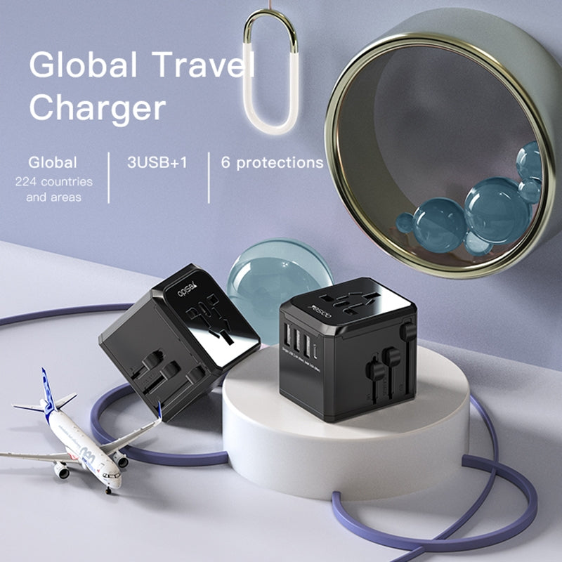 YESIDO MC10 Universal Travel Adapter 3.6A – UK EU US AU Plug with 3 USB + USB-C