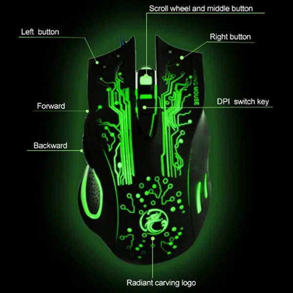 6-Button Wired USB Gaming Mouse with LED Lighting, 2400 DPI