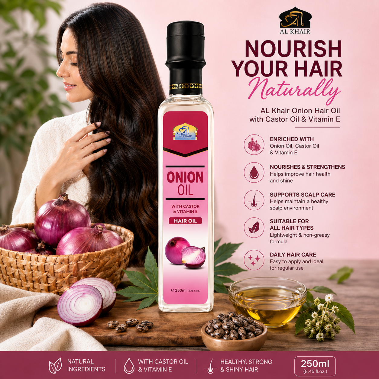Al Khair Onion Hair Oil 250ml with Castor Oil & Vitamin E | Nourishing Hair & Scalp Oil