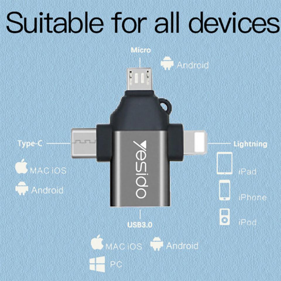 YESIDO GS15 3-in-1 OTG Adapter – USB-A to USB-C, Micro USB & Lightning Data Transfer Converter