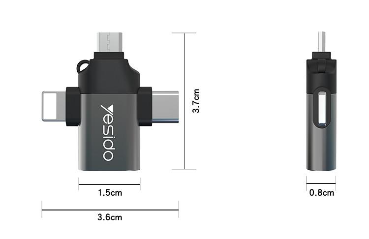 YESIDO GS15 3-in-1 OTG Adapter – USB-A to USB-C, Micro USB & Lightning Data Transfer Converter