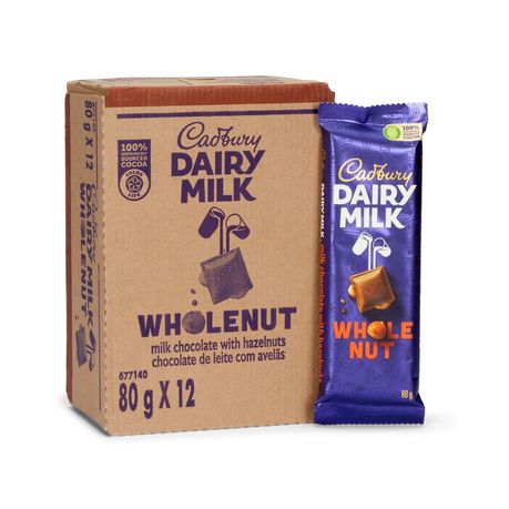Cadbury Dairy Milk Wholenut Chocolate Bars 80g x 12 Box | Hazelnut Milk Chocolate