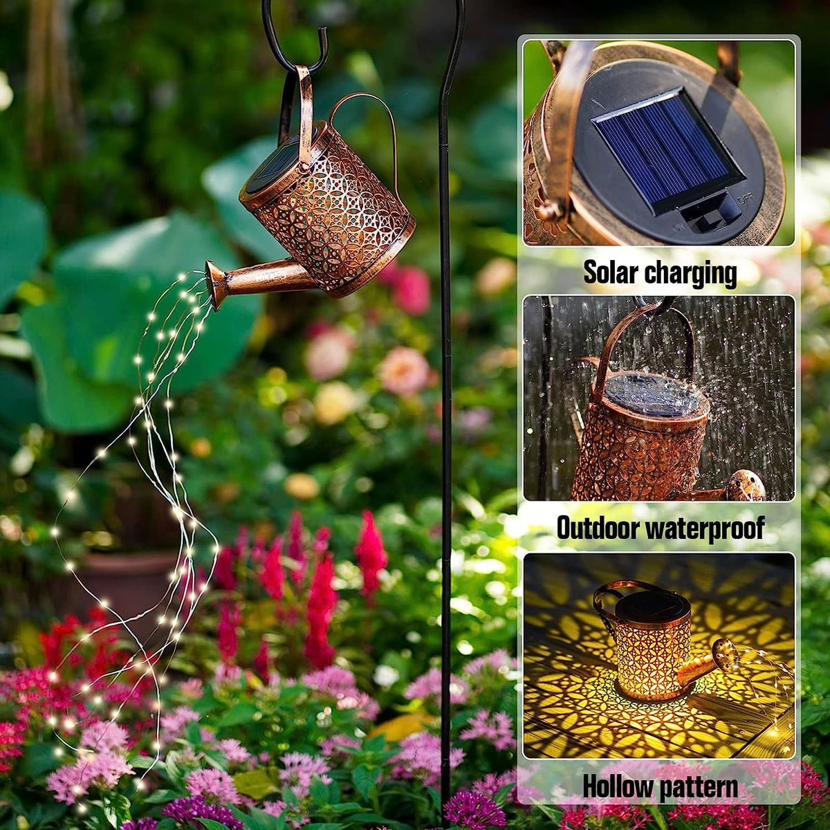 Outdoor Solar Watering Can Garden Light with LED Fairy String Lights | Waterproof Decorative Landscape Stake Lamp