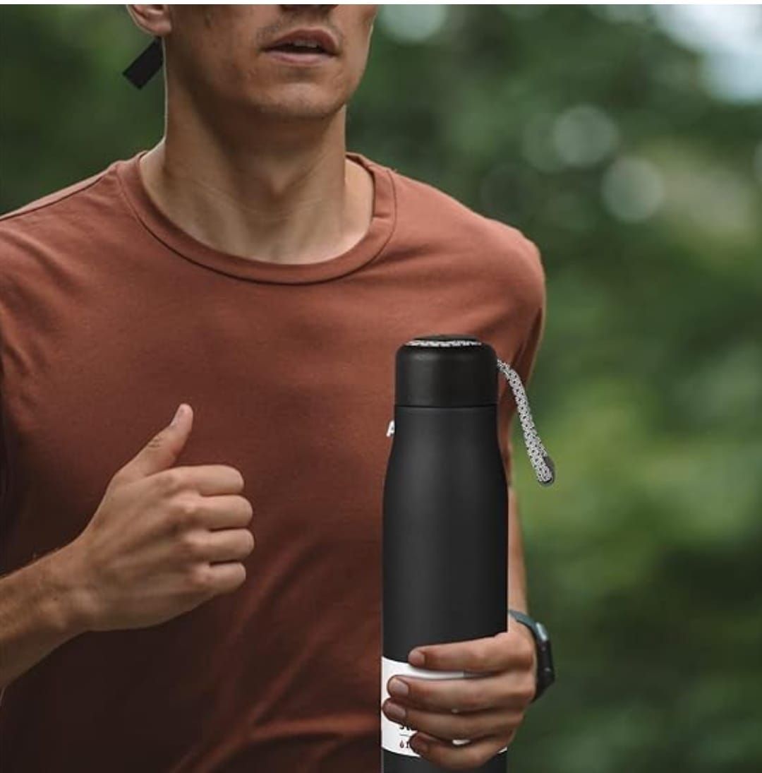 550ml Stainless Steel Vacuum Insulated Water Bottle with Strap | Double Wall Leakproof Flask | BPA Free Travel Bottle - Black