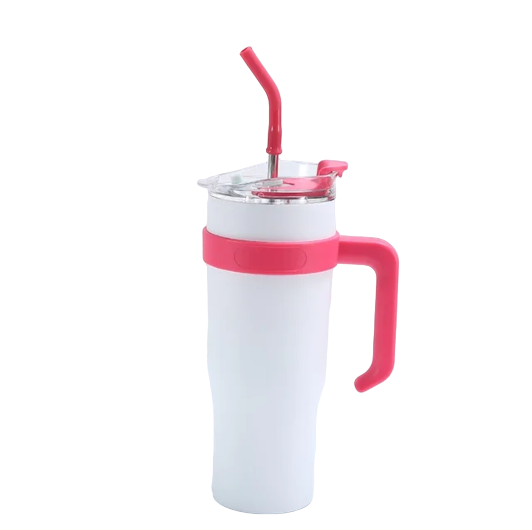 1L Vacuum Insulated Stainless Steel Travel Mug with Handle & Straw | Double Wall Tumbler - White