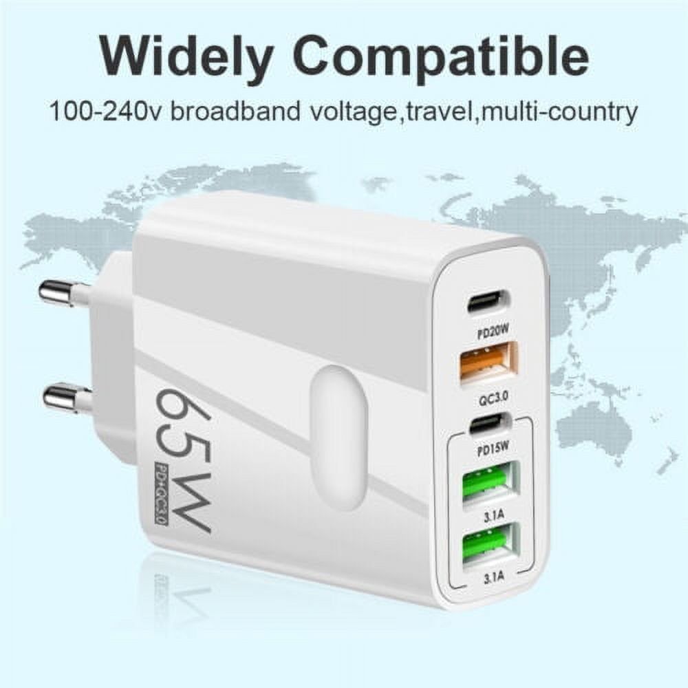 65W Fast USB-C PD Charger Adapter with 2 USB-C & 3 USB Ports | QC 3.0 Multi-Port Wall Charger - White