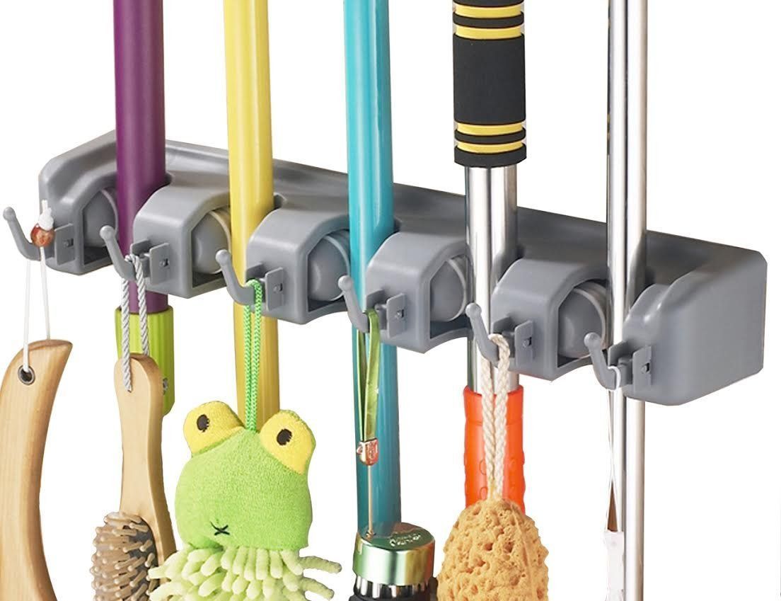 Wall Mounted Mop & Broom Holder Organizer – 5 Position with 6 Hooks | Heavy Duty Space Saving Storage Rack