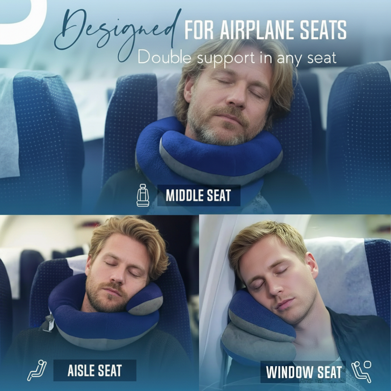 Adjustable Travel Neck Pillow with Head & Neck Support and Carry Pouch - Navy Blue