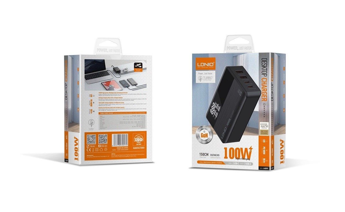 LDNIO A4809C 100W GaN Fast Charger | 4-Port USB-C & USB-A PD QC Desktop Wall Charger with LCD Display