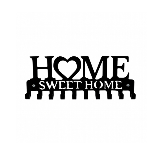 HOME Sweet Home Metal Wall Mounted Key Holder Rack with 7 Hooks - Black Decorative Key Organizer for Entryway, Living Room & Office