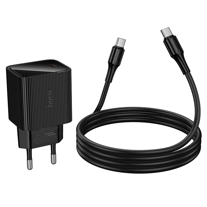 HOCO CS82A 20W PD USB-C Fast Wall Charger with USB-C to USB-C Cable (1M) | Power Delivery Fast Charging Adapter (EU Plug)