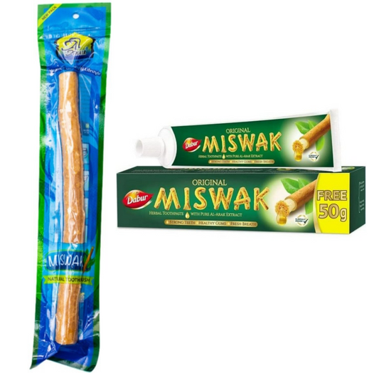Al Khair Miswak Natural Toothbrush 8 Inch & Dabur Miswak Toothpaste 170g Bundle | Complete Herbal Oral Care Kit