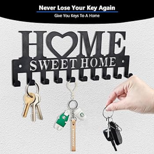 HOME Sweet Home Metal Wall Mounted Key Holder Rack with 7 Hooks - Black Decorative Key Organizer for Entryway, Living Room & Office