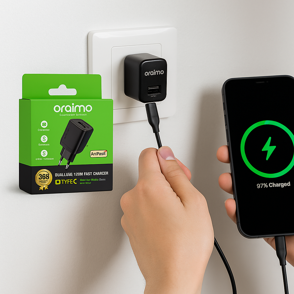 Oraimo OCW-1121EC 12W Dual USB Fast Charger with USB-A to USB-C Cable (1M) | EU Wall Charger