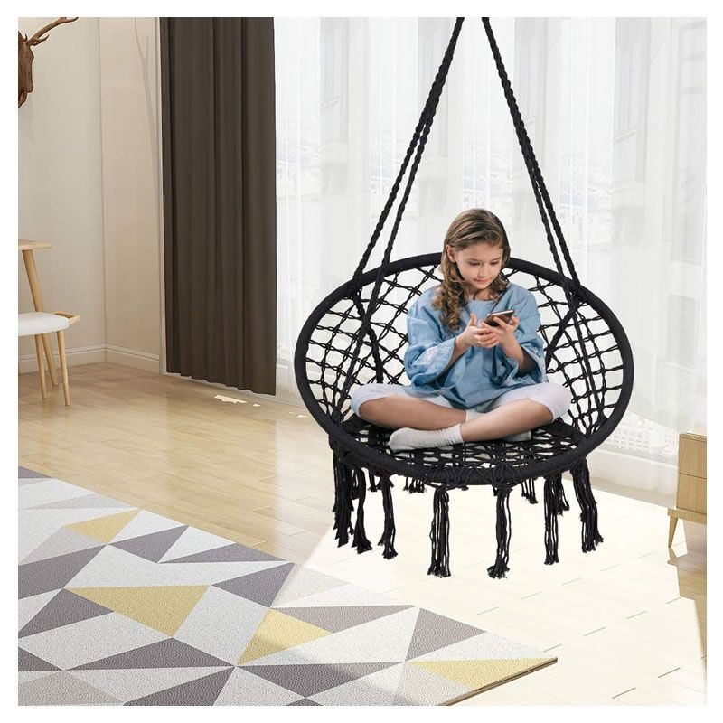 Macrame Hanging Chair Swing for Adults & Kids | Indoor Outdoor Cotton Rope Hammock Chair with Tassels