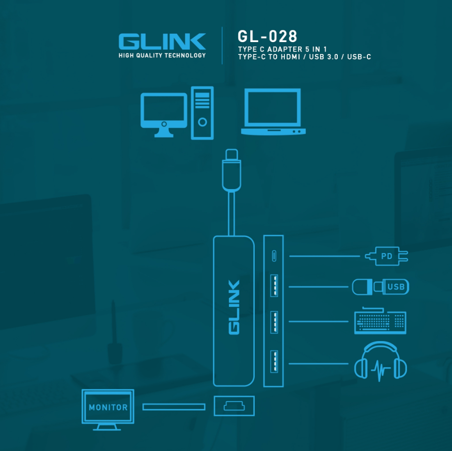 GLINK 5-in-1 USB-C Hub with 4K HDMI, 3 USB 3.0 Ports & 87W Power Delivery | Type-C Multiport Adapter for MacBook, Laptop, Tablet & PC