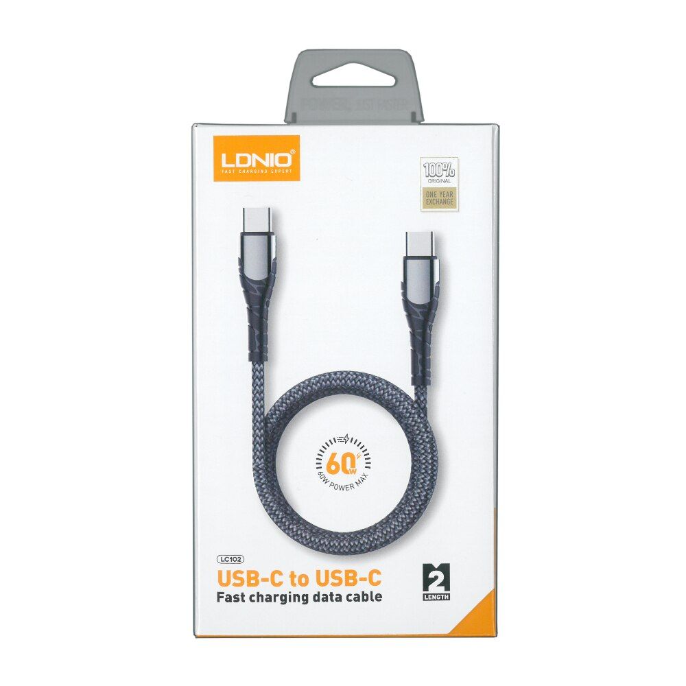 65W USB-C to USB-C Fast Charging Cable 2M Braided PD Data Cable | Super Fast Type-C Charger Cable - Grey