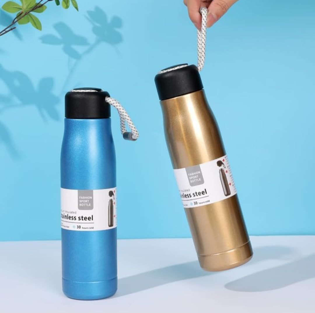 550ml Stainless Steel Vacuum Insulated Water Bottle with Strap | Double Wall Leakproof Flask | BPA Free Travel Bottle - Black