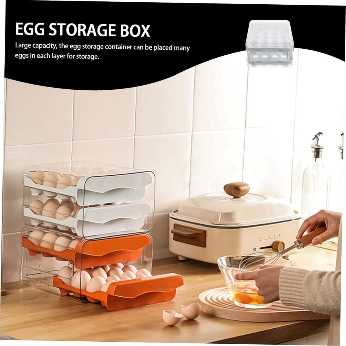 Stackable 2-Tier Egg Storage Drawer for Refrigerator | Clear Fridge Organizer Box with Lid