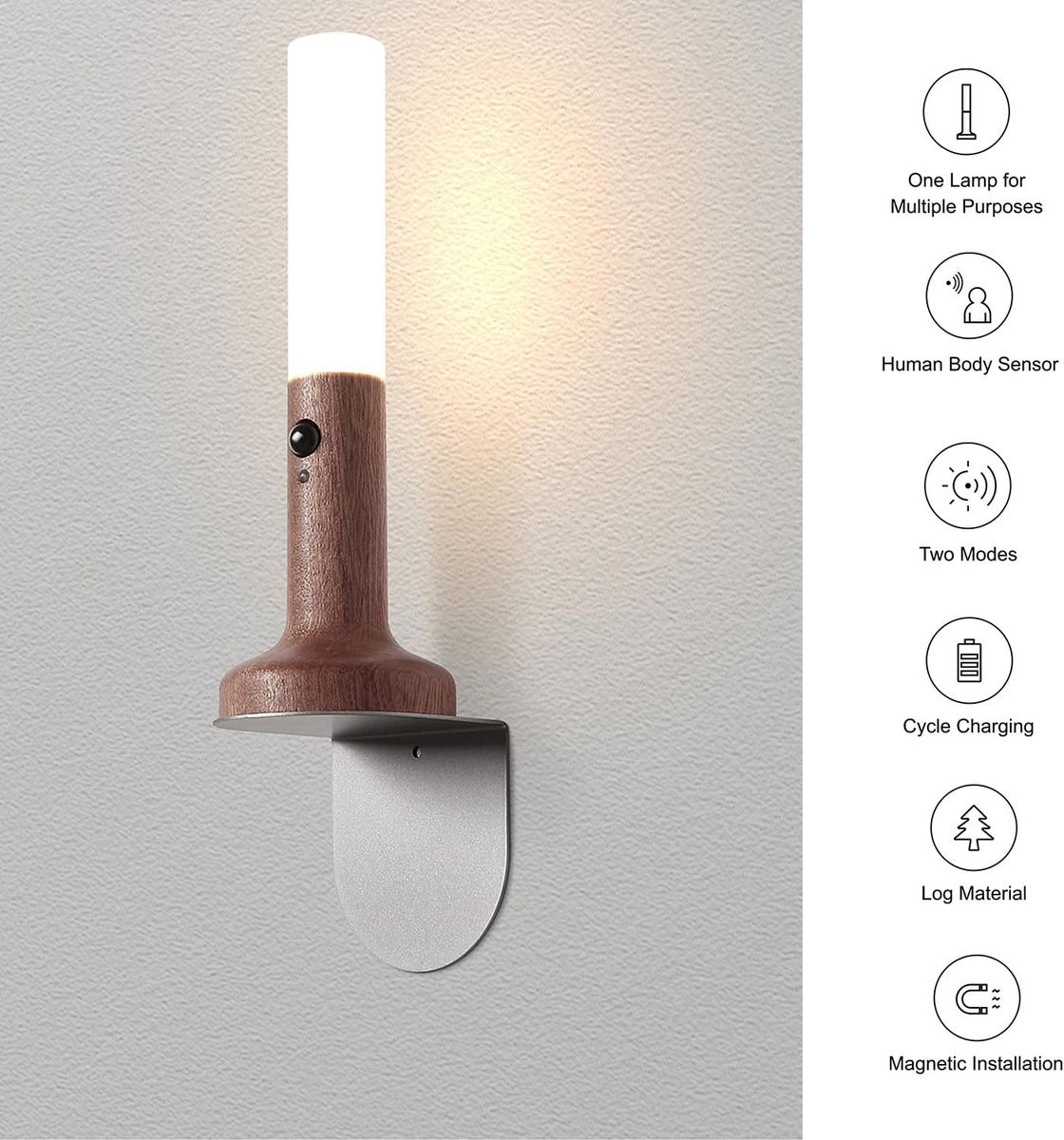 Rechargeable Motion Sensor LED Night Light with Wood Finish Base – USB Magnetic Bedside Wall Lamp