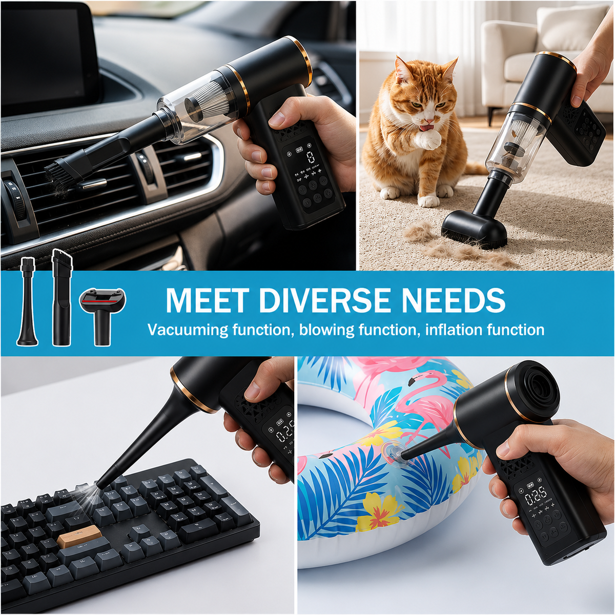 4-in-1 Cordless Car Vacuum Cleaner & Tyre Inflator – Portable Air Pump, Air Duster Blower with LCD Display