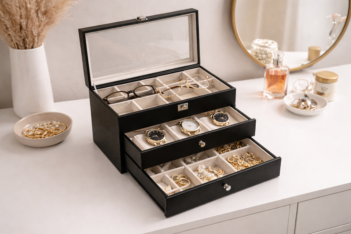 18-Compartment 3-Layer Glasses, Watch & Jewellery Storage Box with Lock - Premium Organizer Display Case