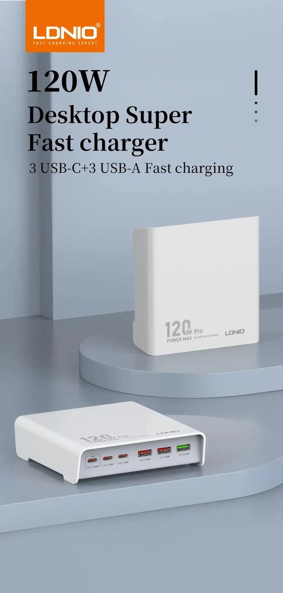 LDNIO Q605 120W GaN Desktop Charging Station 6-Port USB-C PD & USB-A Fast Charger | Black| White