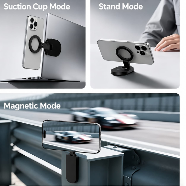 QY76 Magnetic Suction Cup Phone Mount with 360° Magnetic Ring | Desktop Stand & Wall Mount Holder