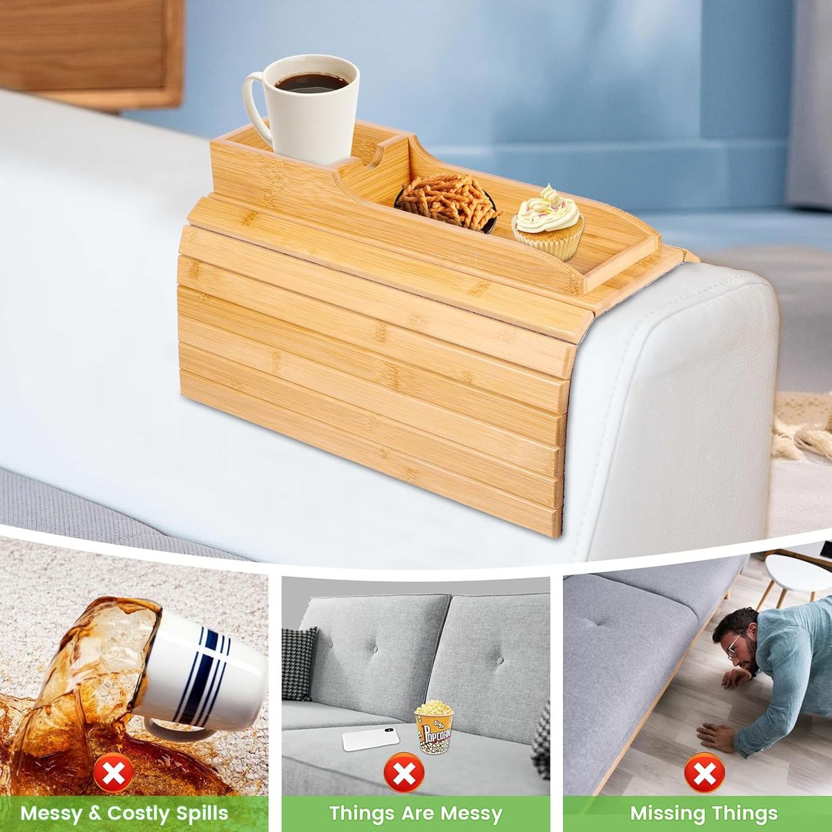 Premium Bamboo Sofa Armrest Tray Table with Cup Holder & Phone Slot | Foldable Couch Arm Tray Organizer