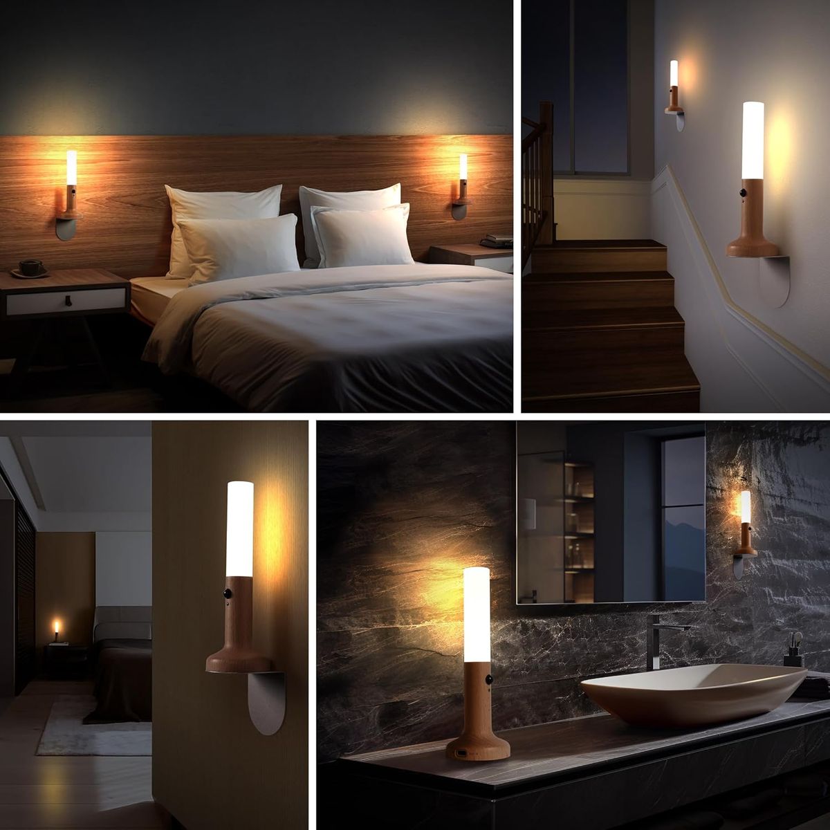 Rechargeable Motion Sensor LED Night Light with Wood Finish Base – USB Magnetic Bedside Wall Lamp
