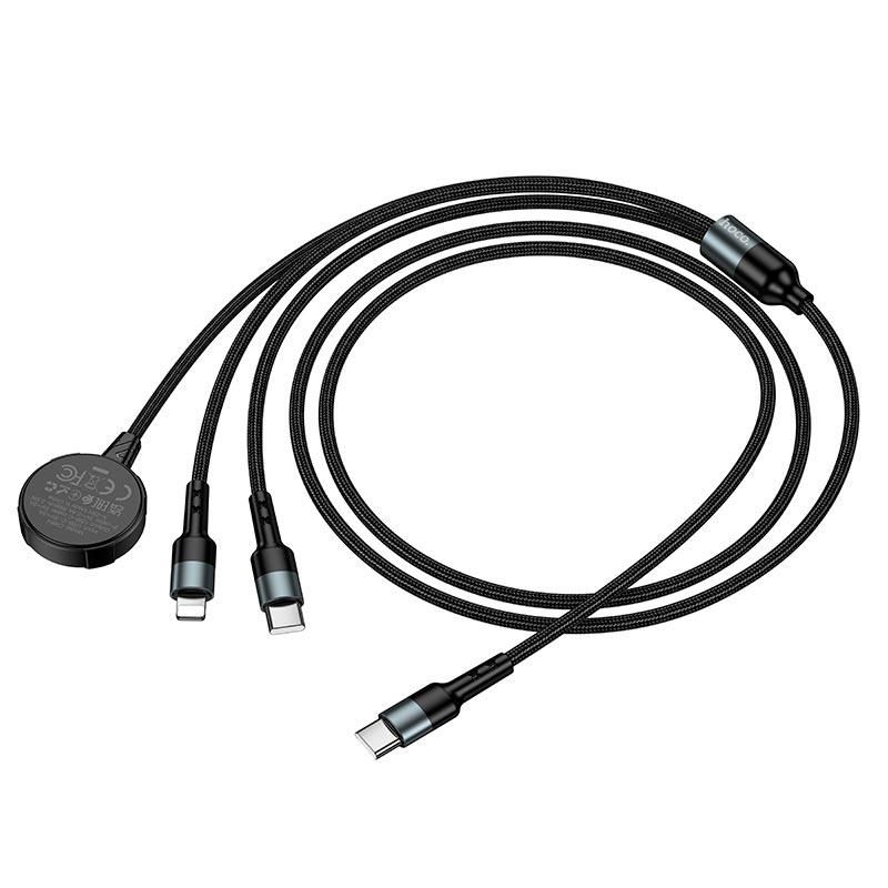 HOCO CW64 3-in-1 Magnetic Charging Cable with Apple Watch Wireless Charger, USB-C & Lightning | 1.2M Braided Cable