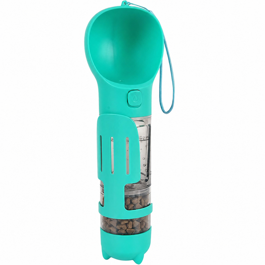 4-in-1 Portable Dog Water Bottle with Food Storage & Poop Bag Holder – Green Travel Pet Feeder