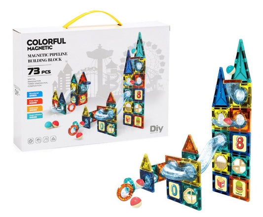 73 Piece Magnetic Building Blocks for Kids – 3D DIY Pipeline Marble Run STEM Construction Toy with Rolling Balls