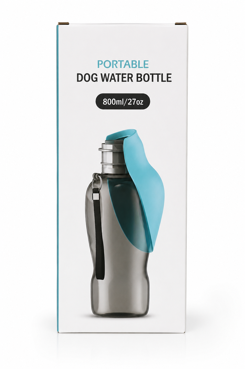 Portable Dog Water Bottle 800ml – Foldable Travel Water Bottle with Drinking Cup & Strap for Dogs