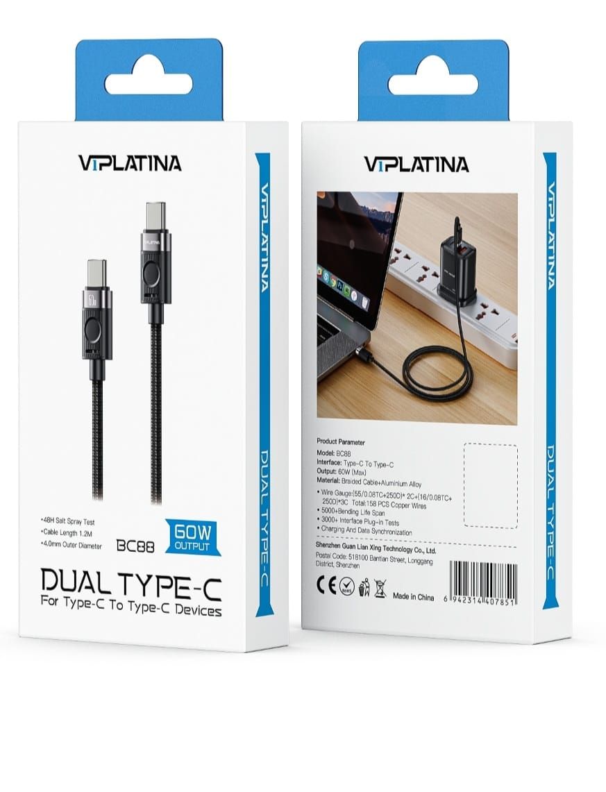Viplatina 60W USB-C to USB-C Fast Charging Cable 1.2M | PD Type-C Charging & Data Sync Cable